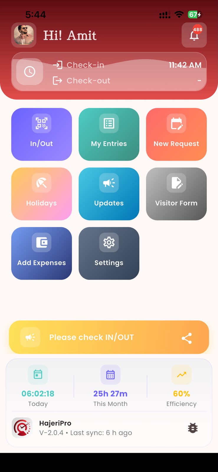 Hajeri Pro employee attendance app screen